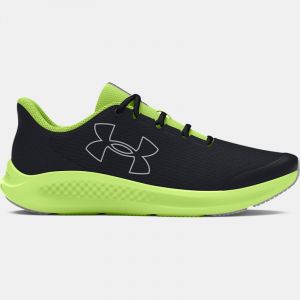 Boys' Grade School Under Armour Charged Pursuit 3 Big Logo Running Shoes Black / Morph Green / Mod Gray 40