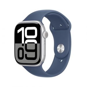 Apple Watch Series 10 GPS Smartwatch con Caja de Aluminio Plata de 46 mm y Correa Deportiva Azul Denim - Talla S/M. Monitor de entreno