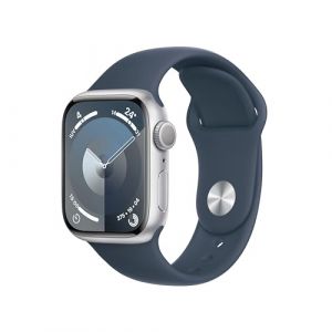 Apple Watch Series 9 [GPS] Smartwatch con Caja de Aluminio en Plata de 41 mm y Correa Deportiva Azul tempestad - Talla M/L. Monitor de entreno