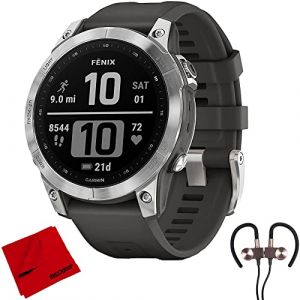 Garmin 010-02540-00 Fenix 7 Smartwatch - Paquete plateado con banda de grafito con auriculares deportivos inalámbricos magnéticos Deco Gear y paño de limpieza de microfibra Deco Gear de 6 x 6 pulgadas