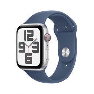 Apple Watch SE de 2.ª generación GPS + Cellular Smartwatch con Caja de Aluminio en Plata de 44 mm y Correa Deportiva Azul Denim - Talla M/L. Monitores de entreno y sueño y Resistencia al Agua