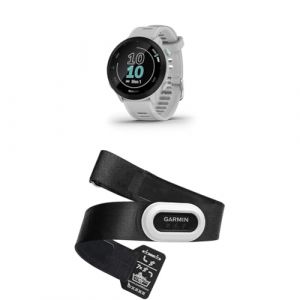 Garmin Forerunner 55 - Reloj de carrera Whitestone con pantalla a color Always-On de 1.04" y correa de frecuencia cardiaca avanzada