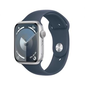 Apple Watch Series 9 [GPS] Smartwatch con Caja de Aluminio en Plata de 45 mm y Correa Deportiva Azul tempestad - Talla S/M. Monitor de entreno