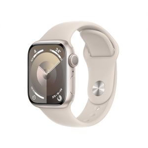 Apple Watch Series 9 [GPS] Smartwatch con Caja de Aluminio en Blanco Estrella de 41 mm y Correa Deportiva Blanco Estrella - Talla M/L. Monitor de entreno