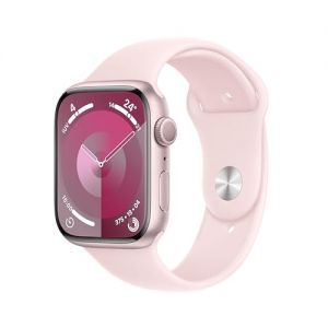 Apple Watch Series 9 [GPS] Smartwatch con Caja de Aluminio en Rosa de 45 mm y Correa Deportiva Rosa Claro - Talla M/L. Monitor de entreno